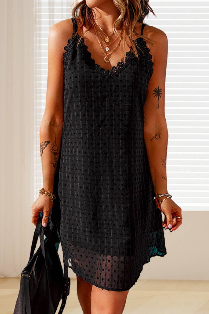 CWDHL0599_FLOCKED V-NECK POLKA DOT LACE HALTER DRESS