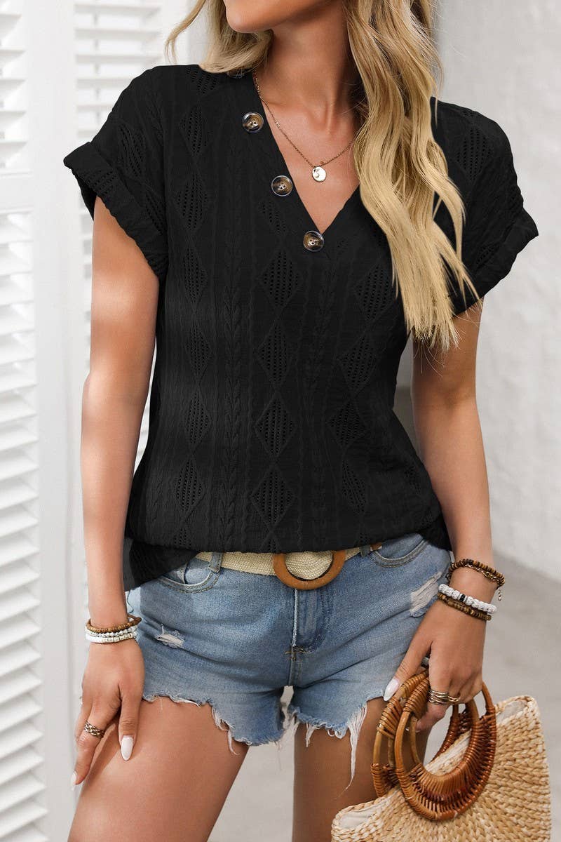 CWTBLS1618_SOLID COLOR V-NECK SHORT SLEEVE BUTTON TOP