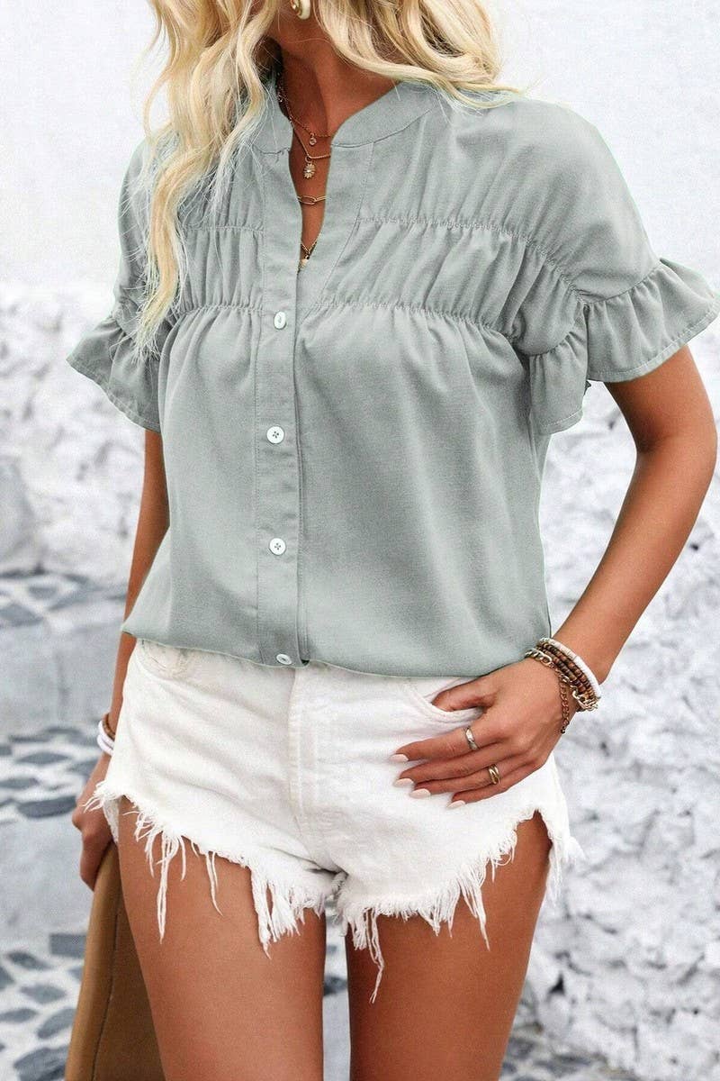 CWTSTS0679_SOLID COLOR STAND COLLAR CASUAL SHORT SLEEVE SHIR