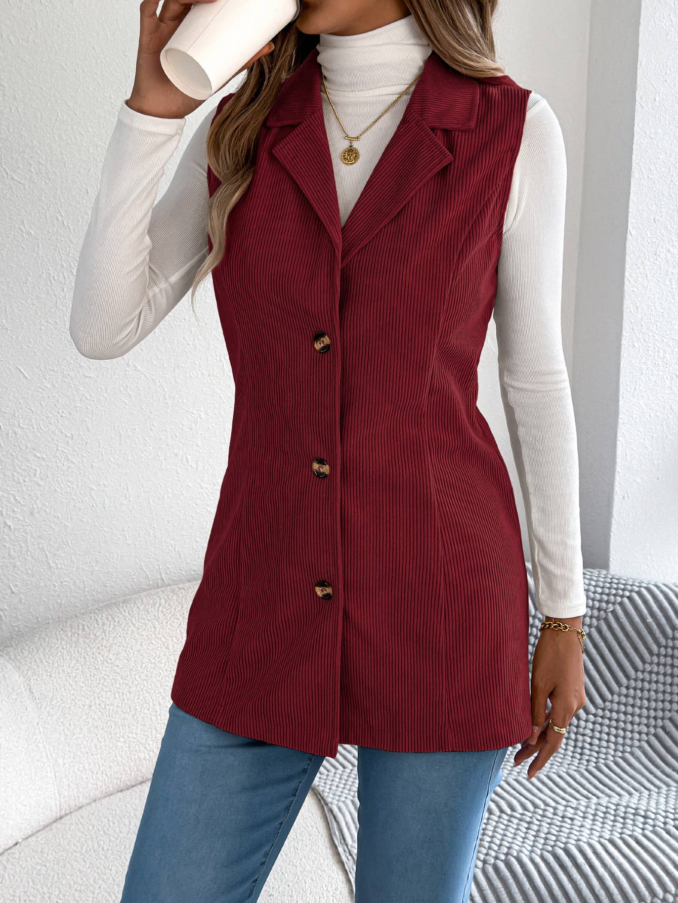 Casual single-breasted suit collar corduroy vest