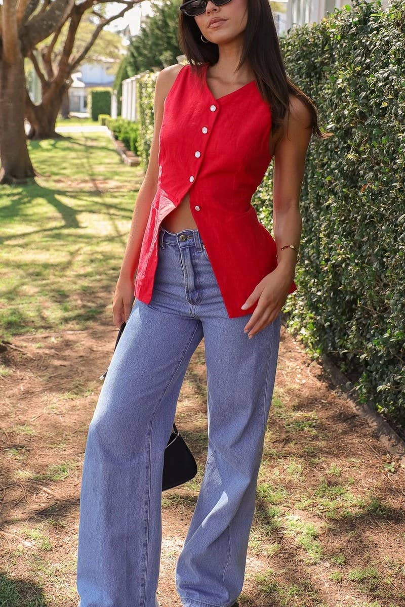 CWTBLSL0852_SOLID V-NECK SLEEVELESS VEST SUMMER TOP