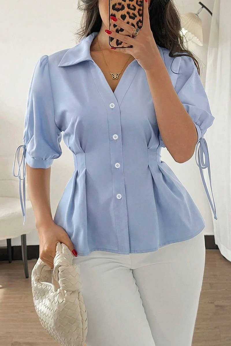 CWTSTS0786_RUCHED WAIST TIE SLEEVE FITTED SHIRT BLOUSE