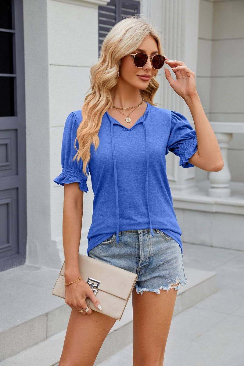 CWTTS0845_V-Neck Ruffle Short Sleeve Blouse