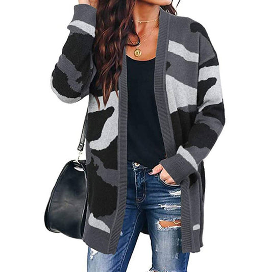 CAMOUFLAGE PRINT MID-LENGTH UNBUTTONED CARDIGAN