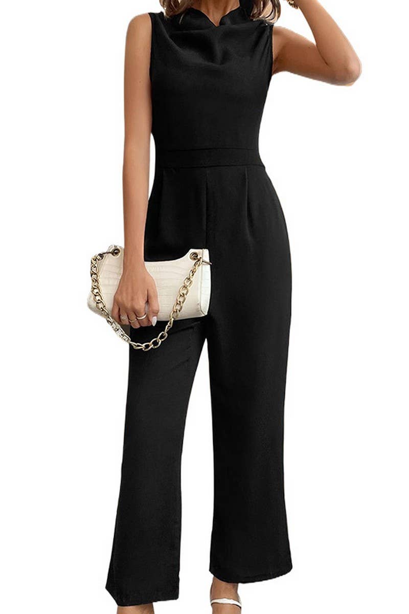 CWSJS0878_SOLID COLOR SWING COLLAR SLEEVELESS JUMPSUIT