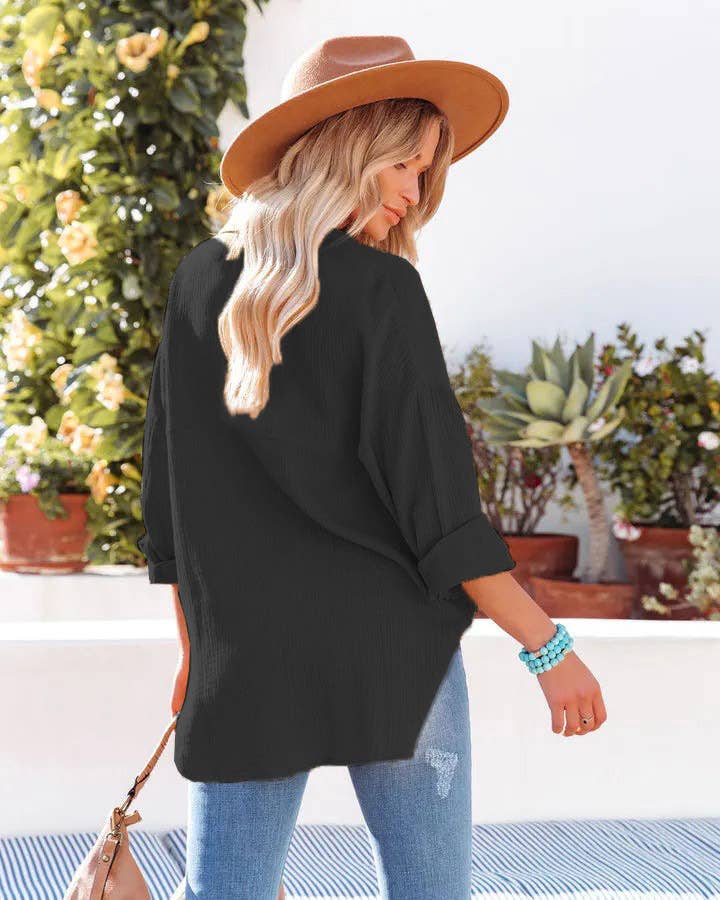BAT-SLEEVED CASUAL SOLID COLOR LONG-SLEEVED SHIRT