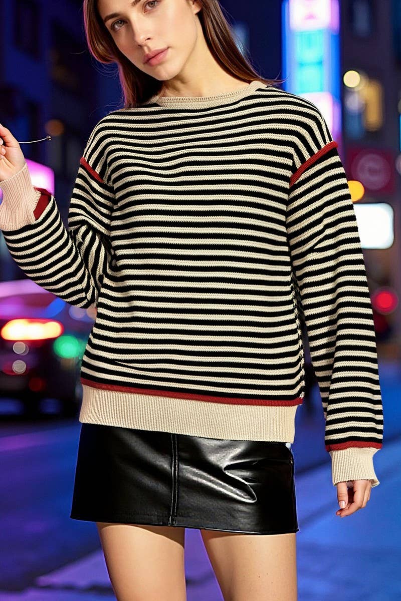 CWOSWL07084_STRIPED KNITTED CREW NECK LOOSE LONG-SLEEVED TOP