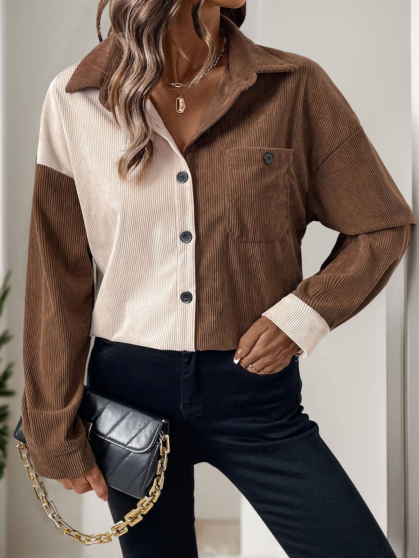 Color-blocking single-breasted lapel shirt