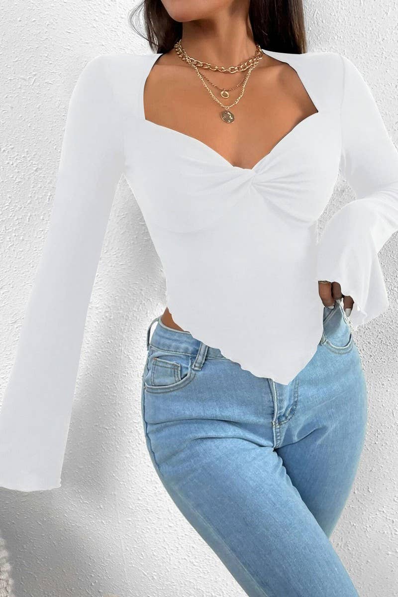 CWTBLL2702_V-NECK FLARED SLEEVES IRREGULAR KNITTED TOP