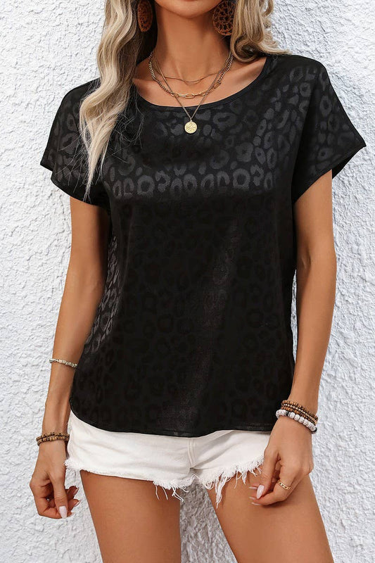 CWTBLS2022_CHIC SATIN JACQUARD LOOSE SHORT SLEEVE TEE