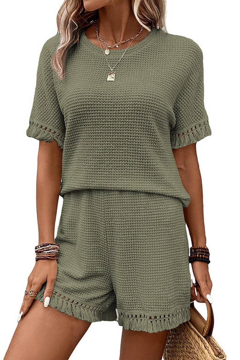 CWSS1100_SUMMER SOLID COLOR SIMPLE TASSEL TWO-PIECE SUIT