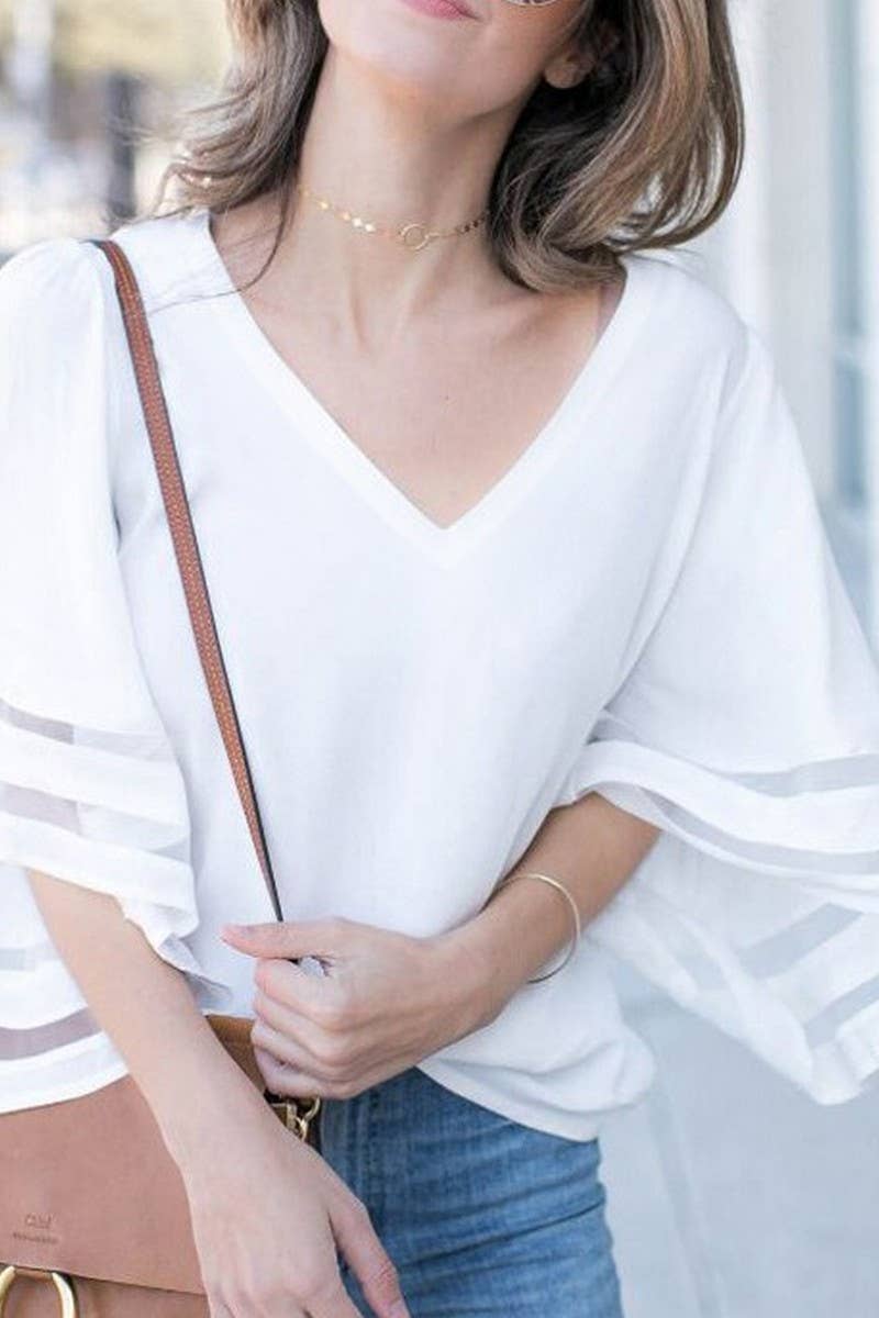 CWTBLS2044_PLUS SIZE LOOSE T-SHIRT FLARED SLEEVE CHIFFON TOP