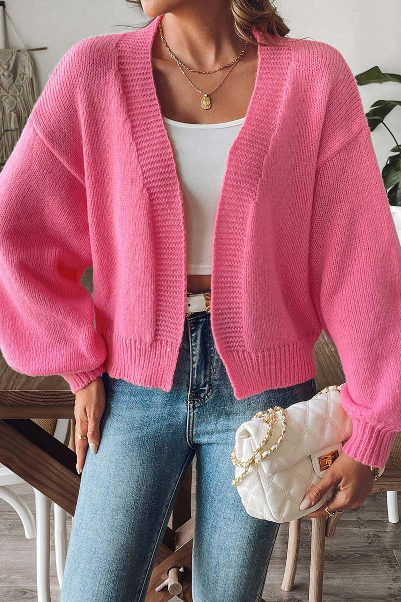 CWOSWL07398_WOMEN LANTERN SLEEVE KNIT CARDIGAN SWEATER
