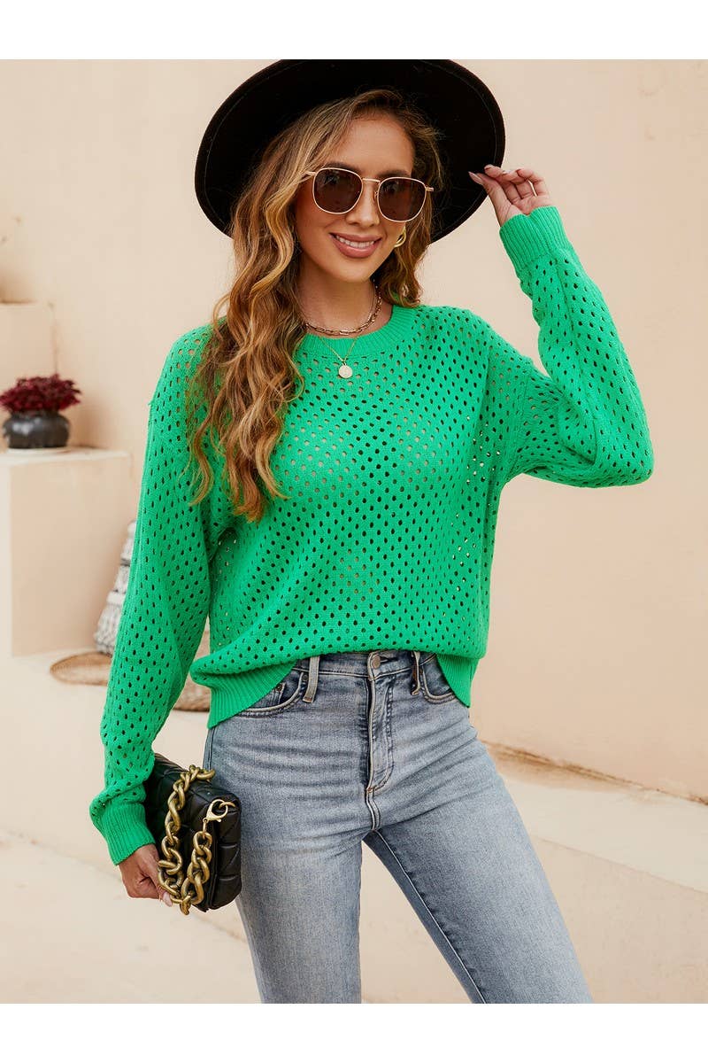CWOSWL2449_Knit Hollow Out Crew Neck Long Sleeve Sweater