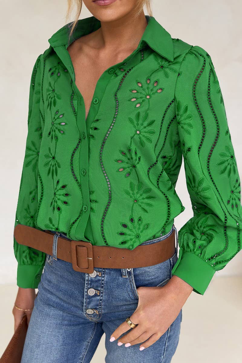 CWTSTL01000_CASUAL LOOSE HOLLOW OUT PUFF SLEEVE  TOP