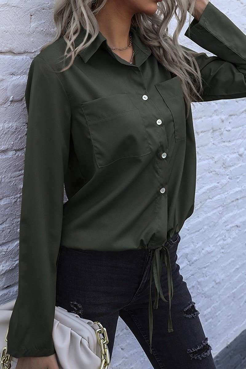 CWTSTL00958_LAPEL DRAWSTRING LONG SLEEVE SOLID SHIRT