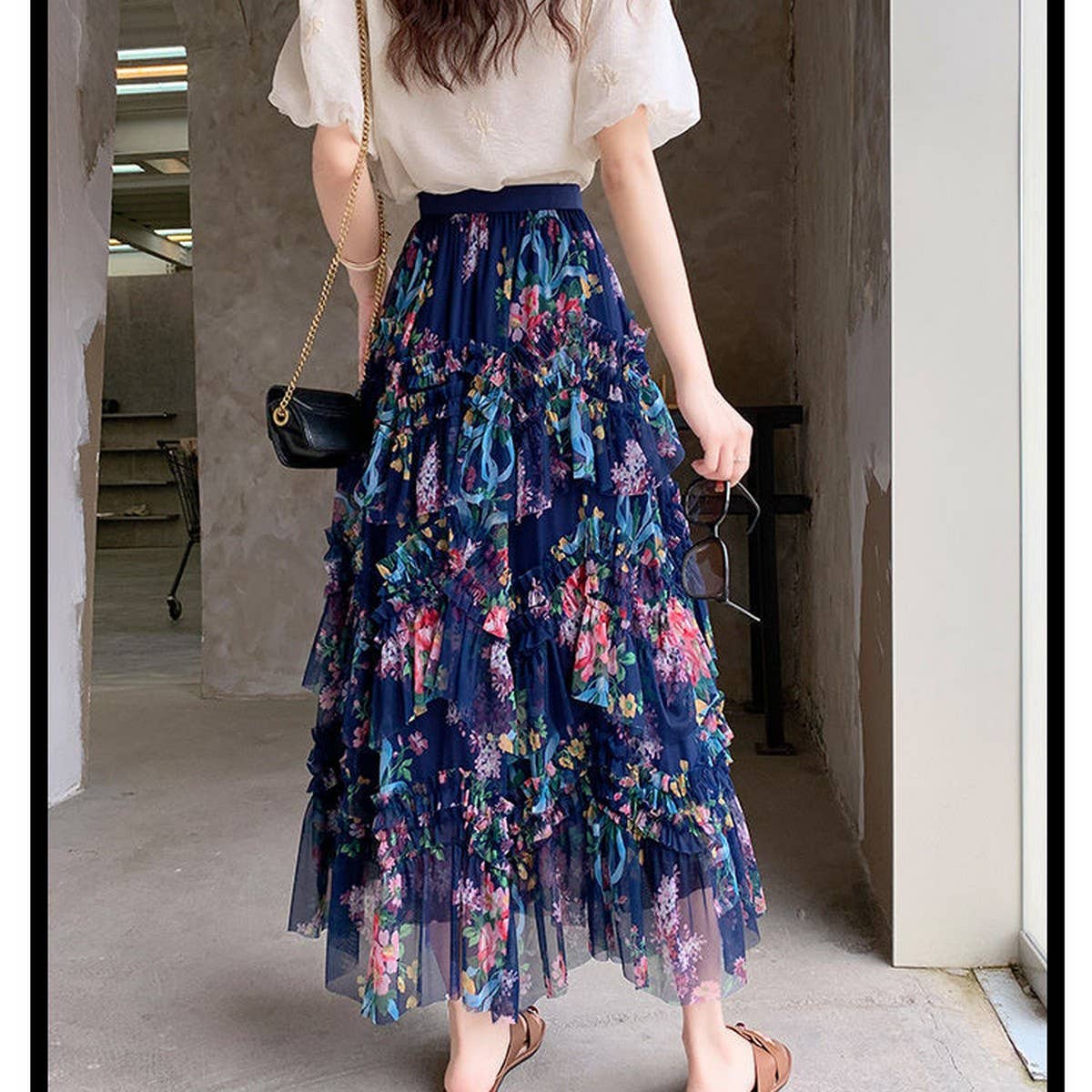 COLORFUL FLORAL MESH PRINT PLEATED TULLE SKIRT