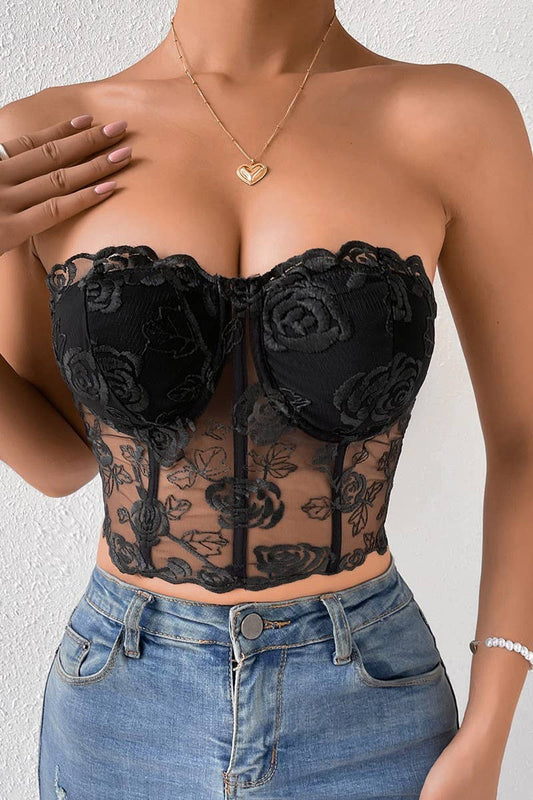 CWTTK0740_3D FLOWER STITCHED UNDERWIRE BANDEAU TANK TOP