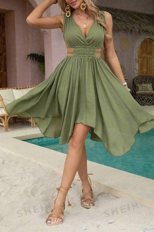 CWDSD8306_V-NECK SLEEVELESS SEXY LARGE SWING IRREGULAR DRESS