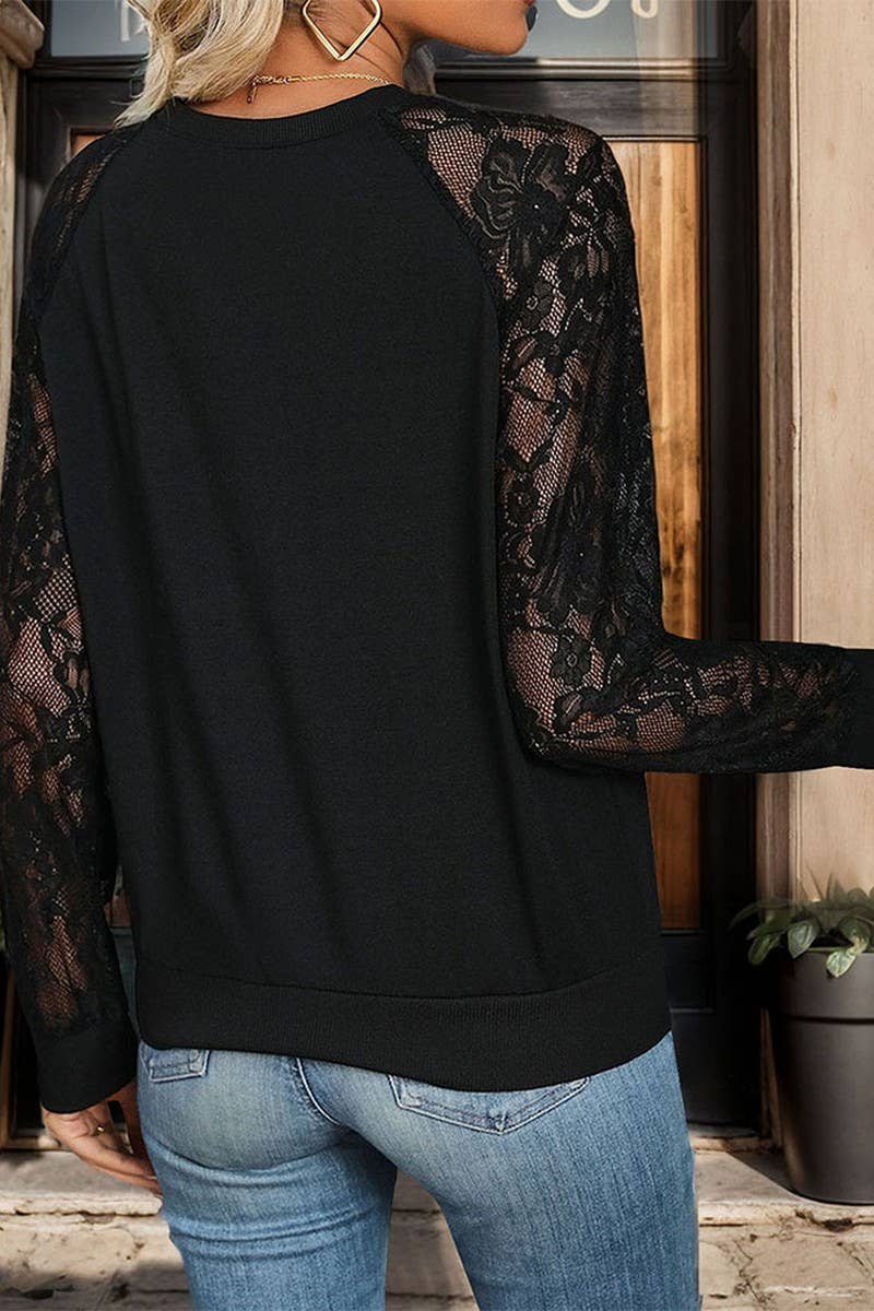 CWTHT0155_2025 NEW LACE STITCHING LONG-SLEEVED BLACK TOP