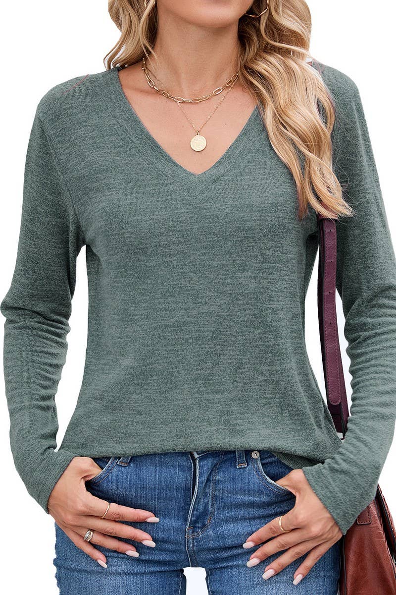 CWTBLL01302_V NECK LOOSE FIT LONG SLEEVE CASUAL TEE