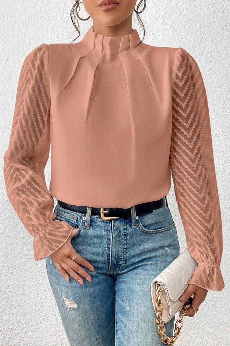 CWTBLL2546_FALL TURTLENECK MESH PATCHWORK LONG SLEEVE TOP