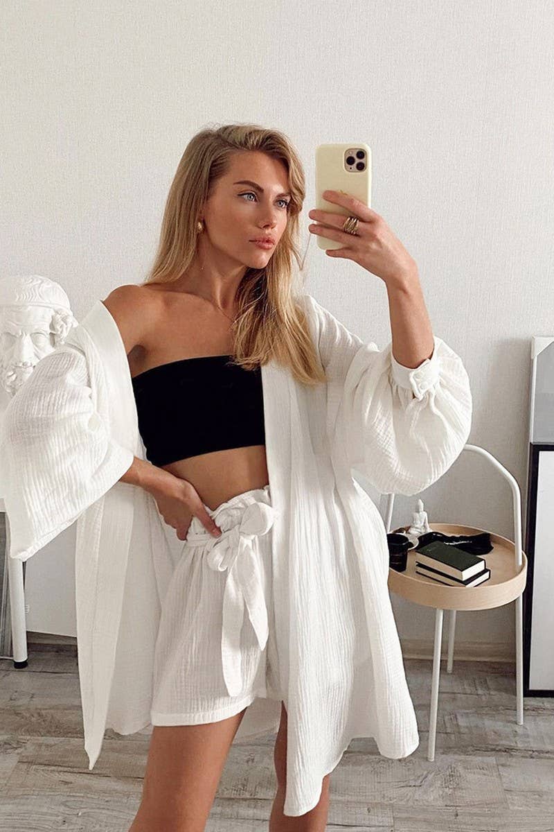 CWSPJ0301_PURE COTTON ROBE SHORTS PAJAMAS TWO PIECE SET