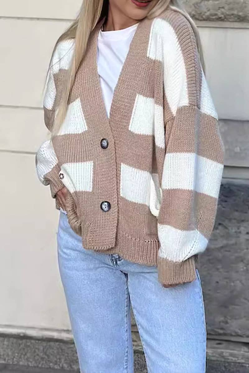 Color contrast striped loose sweater cardigan