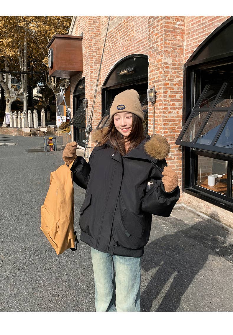 American retro hooded wool-neck coat