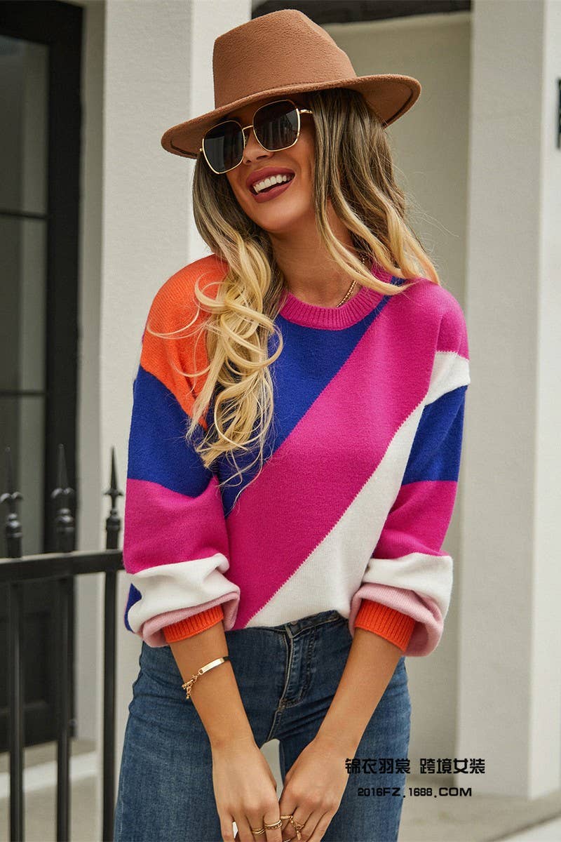 CWOSWL3145_STRIPED CONTRAST PANEL CREW NECK KNITTED SWEATER