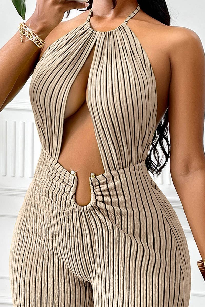 CWSJS1341_SEXY STRIPED HALTERNECK HOLLOW WAIST JUMPSUIT