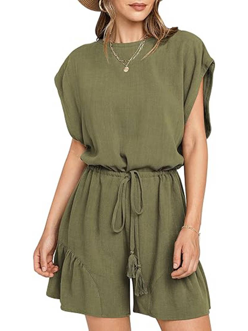 COTTON LINEN CASUAL BELTED SHORT SLEEVE ROMPER
