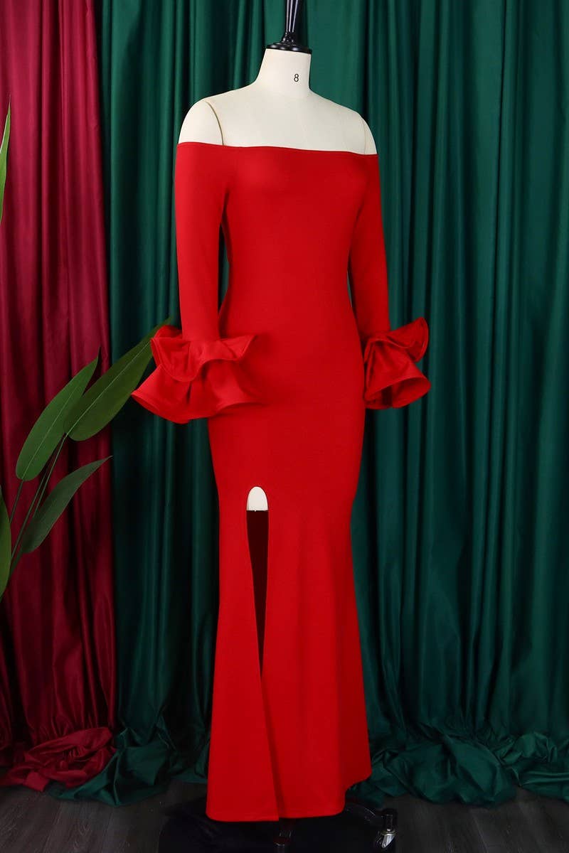 CWDMD1729_ONE SHOULDER SLIT RUFFLE SLEEVE EVENING MAXI DRESS