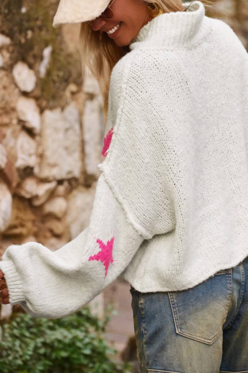 CWOSWL07457_CASUAL LOOSE HIGH NECK STAR PATTERN KNIT SWEATER