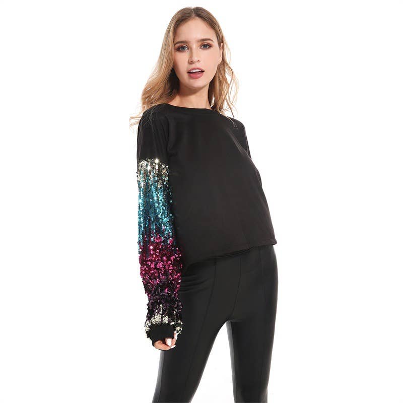 CREW-NECK LONG-SLEEVED SEQUINED SLEEVE HOODIE