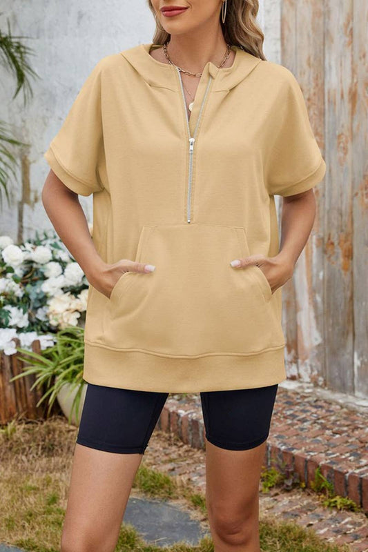 CWTTS1342_HOODED LOOSE SHORT-SLEEVED THIN SWEATSHIRT