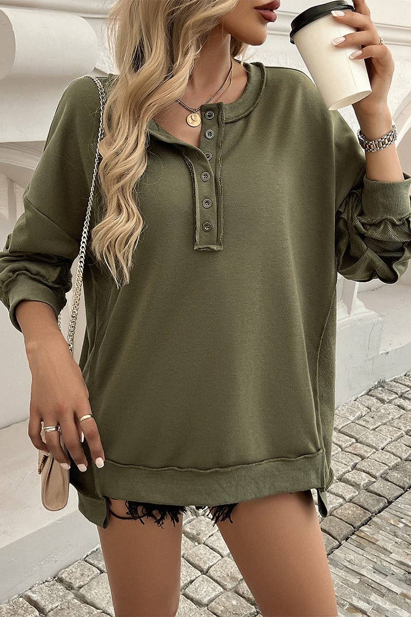 CWTBLL2789_LOOSE SOLID COLOR BUTTON LONG SLEEVE SWEATSHIRT