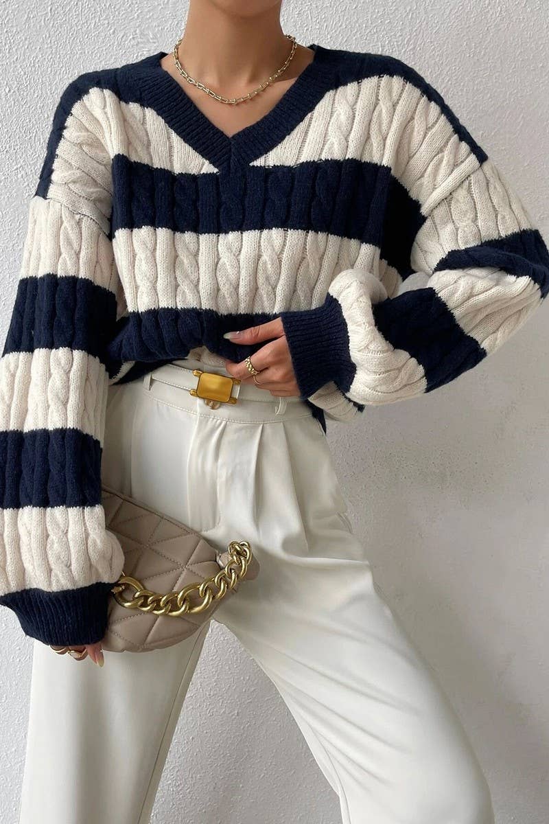CWOSWL5736_V-NECK CABLE-KNIT CONTRAST STRIPED SWEATER