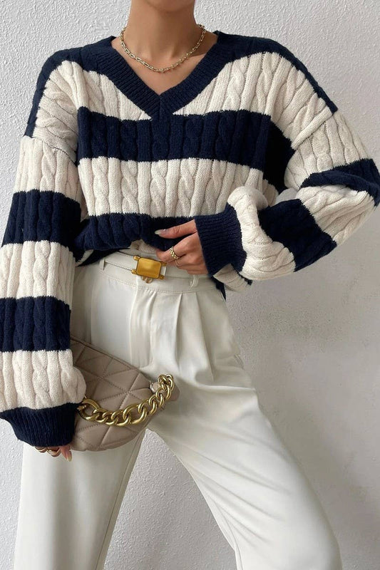 CWOSWL5736_V-NECK CABLE-KNIT CONTRAST STRIPED SWEATER
