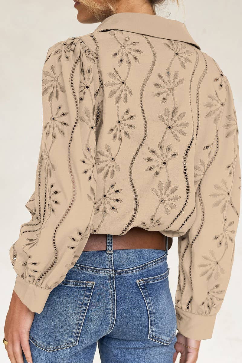 CWTSTL01000_CASUAL LOOSE HOLLOW OUT PUFF SLEEVE  TOP