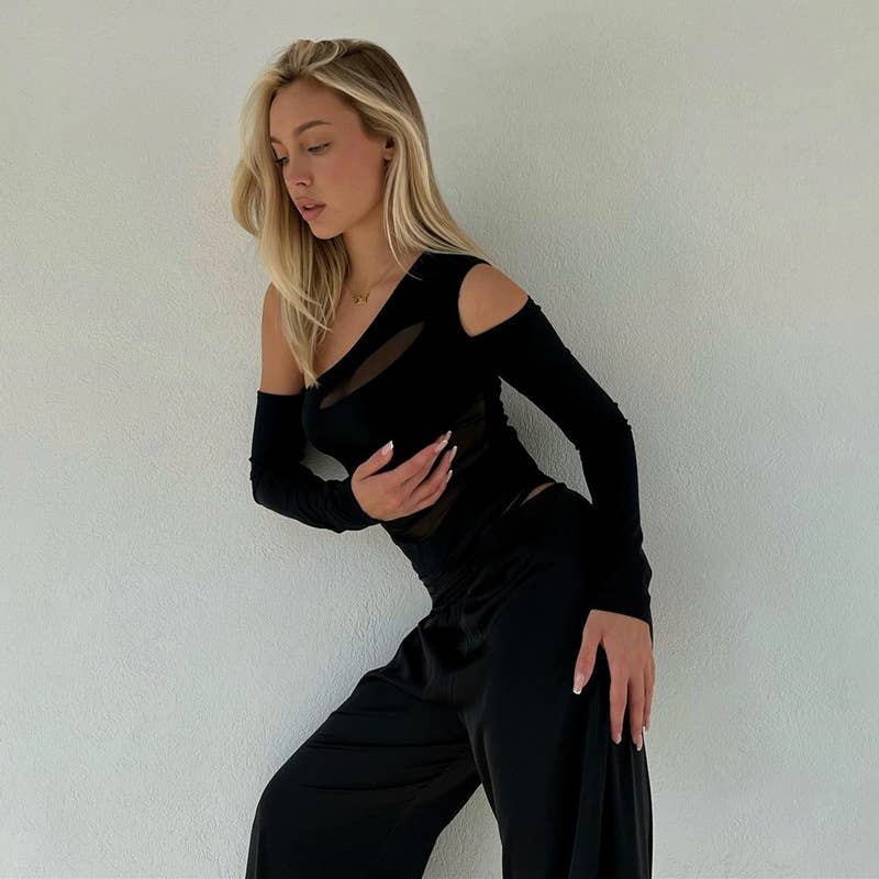 Asymmetrical Sleeve Mesh Sexy Chic Slim Bodysuit