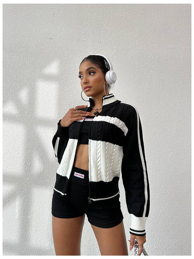 BLACK AND WHITE STRIPED LONG-SLEEVED CARDIGAN