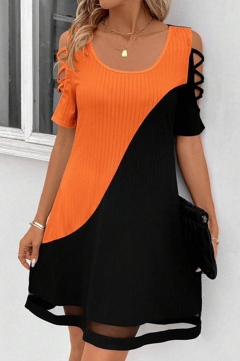 CWDSD7555_TEMPERAMENT COLOR MATCHING HOLLOW MESH DRESS