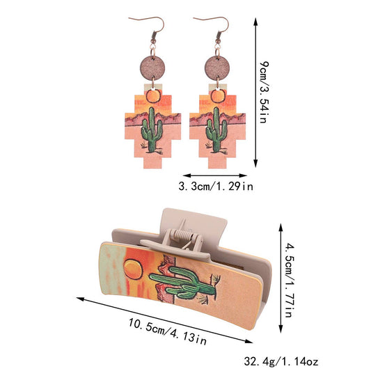 WESTERN CACTUS LEATHER HAIR CLAW CLIPS EARRING SET_CWAHA0589