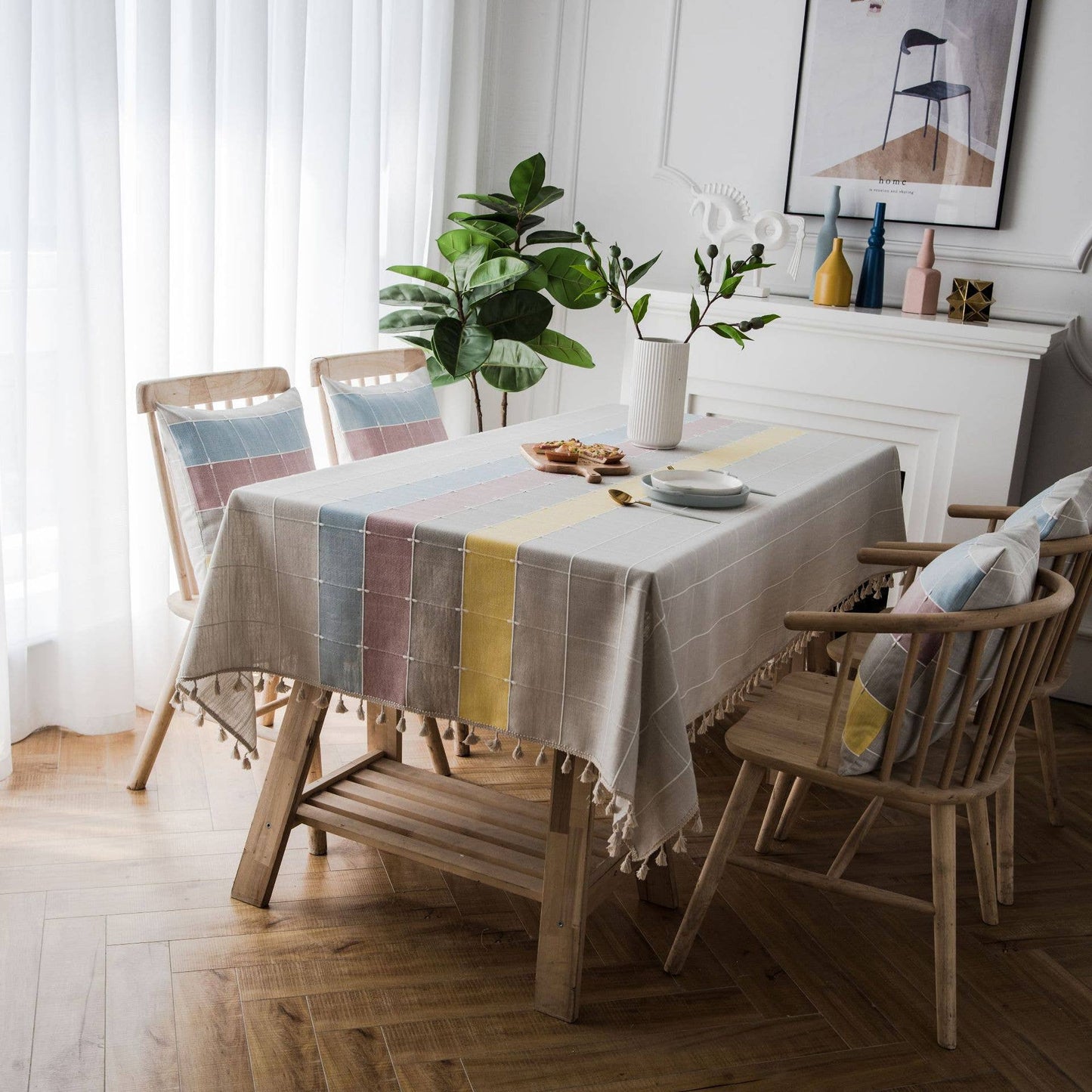 COLOR PLAID PATTERN COSY TABLECLOTHS WITH TASSELS