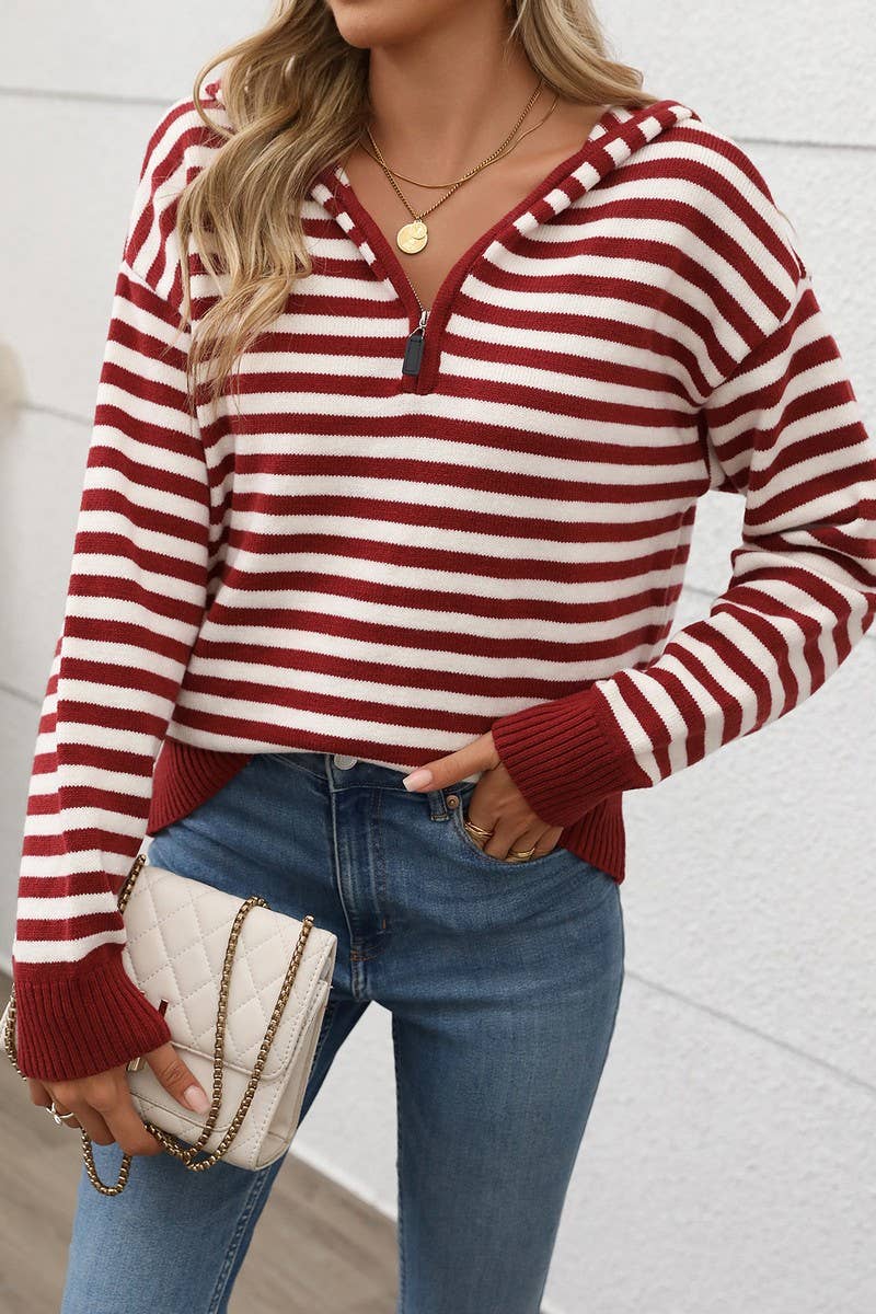 CWOHOL1107_V-NECK STRIPED PULLOVER HOODIE