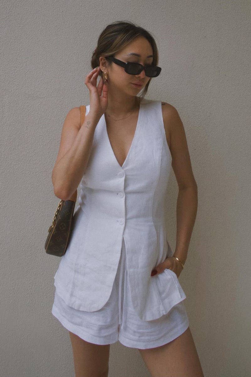 CWSTB1810_COTTON-LINEN SIMPLE SOLID VEST & SHORTS SET