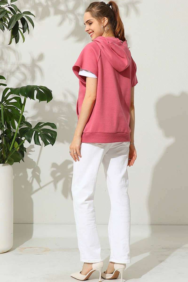 CWOHOS010_SHORT SLEEVE HOODIE SWEATSHIRT KANGAROO POCKET