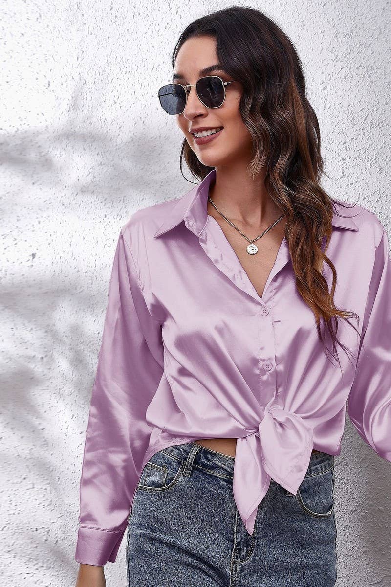 CWTBLL0691_Button Down Silky Satin Long Sleeve Top