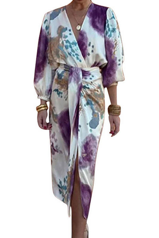 CWSS1248_V-NECK TEMPERAMENT LONG SLEEVE SLIT TWO-PIECE